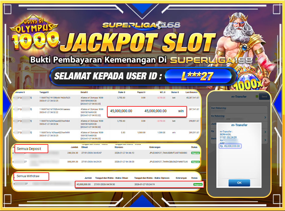 SUPERLIGA168 JACKPOT GATES OF OLYMPUS 1000 Rp.45,000,000LUNASSSSS